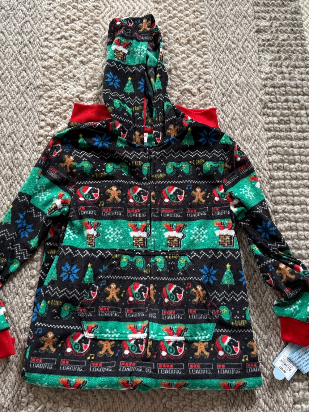 Cat & Jack Green, Black Red Holiday Hooded Fleece small 6/7 nwt unisex footless